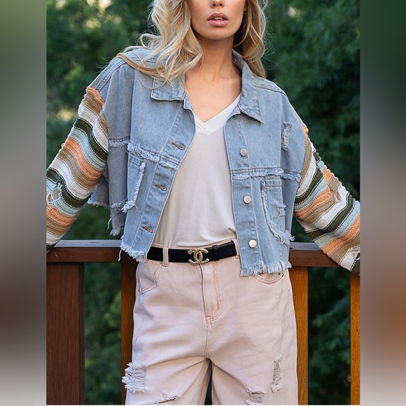 064. POL Distressed Oversized Crop Denim Ripped Stripe Crochet Sleeve Jacket - Picture 6 of 14